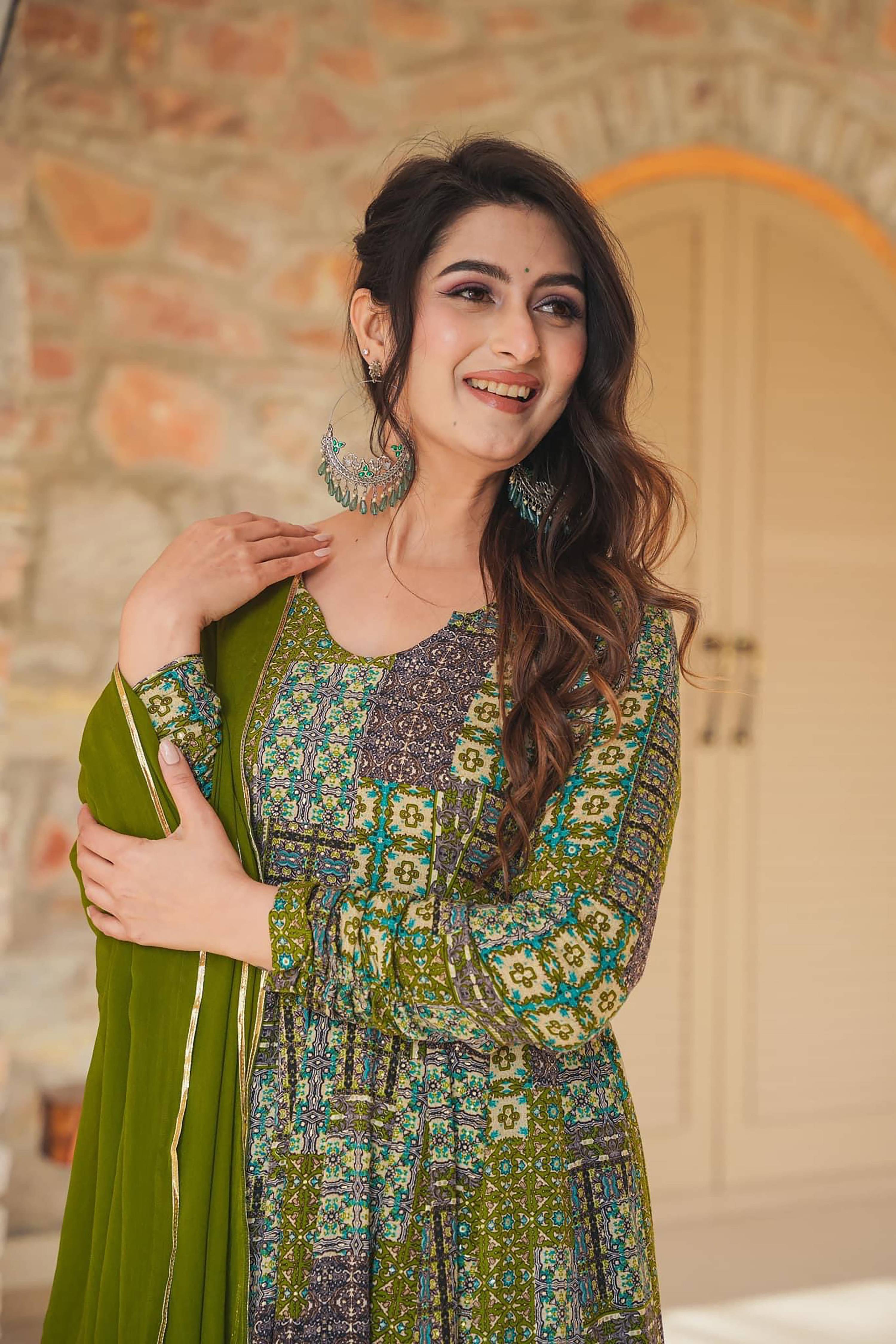 Sonakshi Women's Green Rayon Digital Print Full Round Flair Anarkali Gown Set With Dupatta | Grocsy