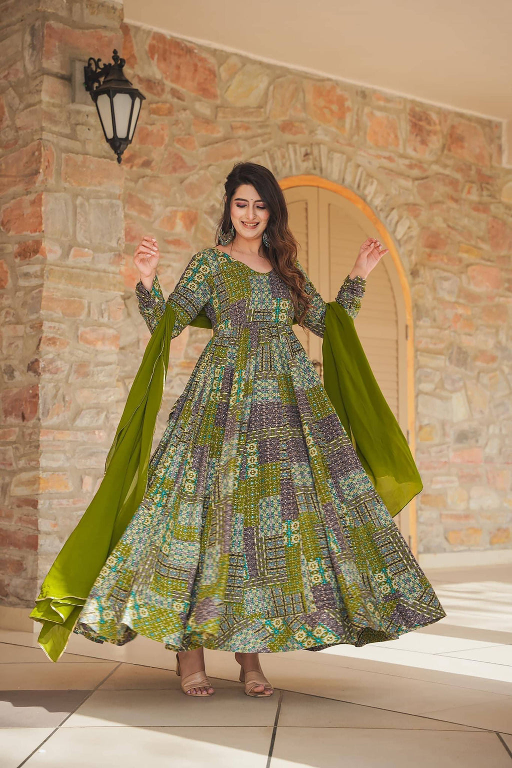 Sonakshi Women's Green Rayon Digital Print Full Round Flair Anarkali Gown Set With Dupatta | Grocsy