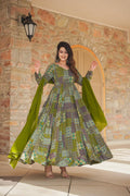 Sonakshi Women's Green Rayon Digital Print Full Round Flair Anarkali Gown Set With Dupatta | Grocsy