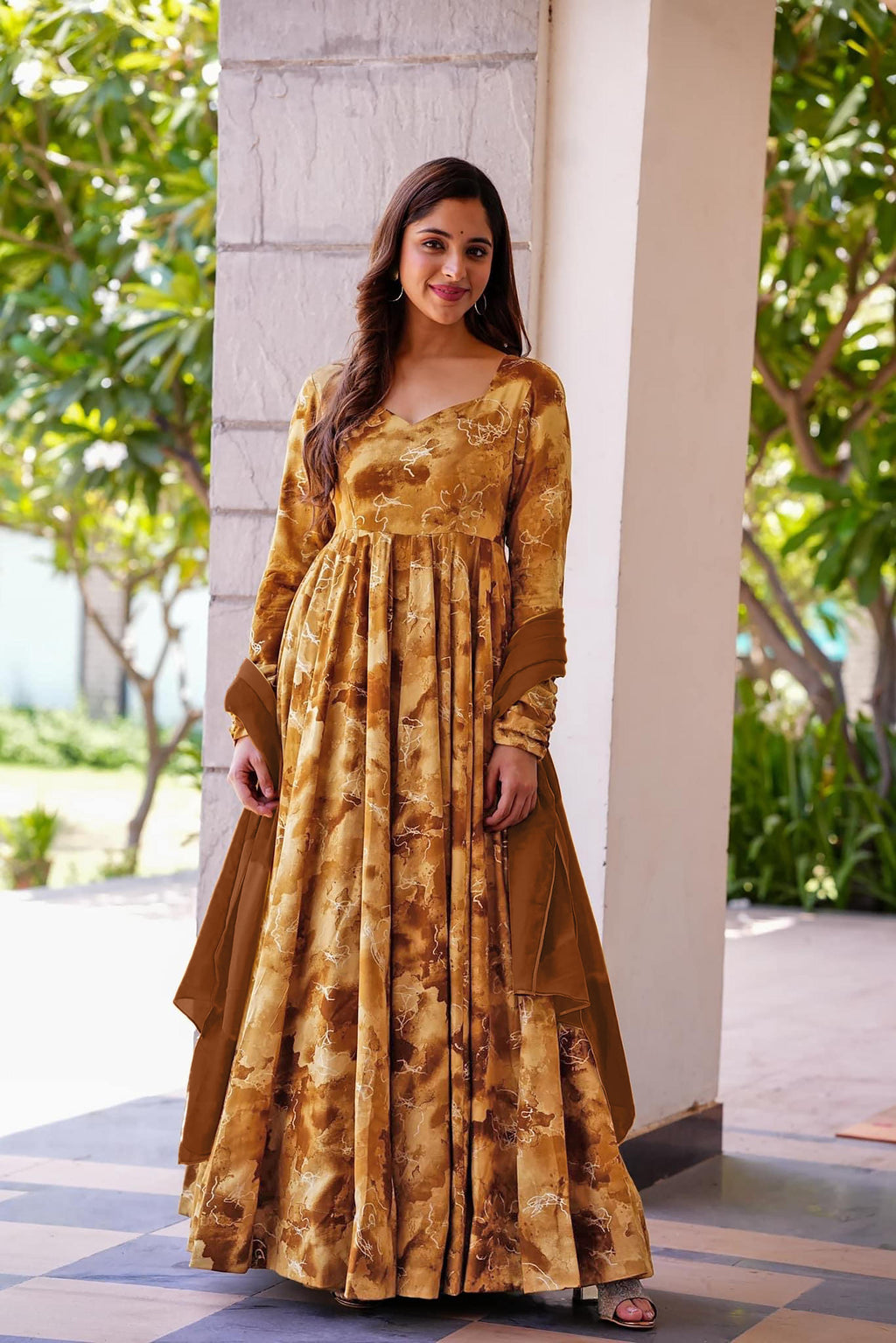 Sonakshi Women's Mustard Rayon Digital Print Full Round Flair Anarkali Gown Set With Dupatta | Grocsy