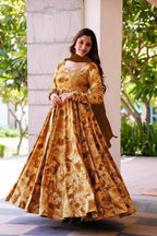 Sonakshi Women's Mustard Rayon Digital Print Full Round Flair Anarkali Gown Set With Dupatta | Grocsy