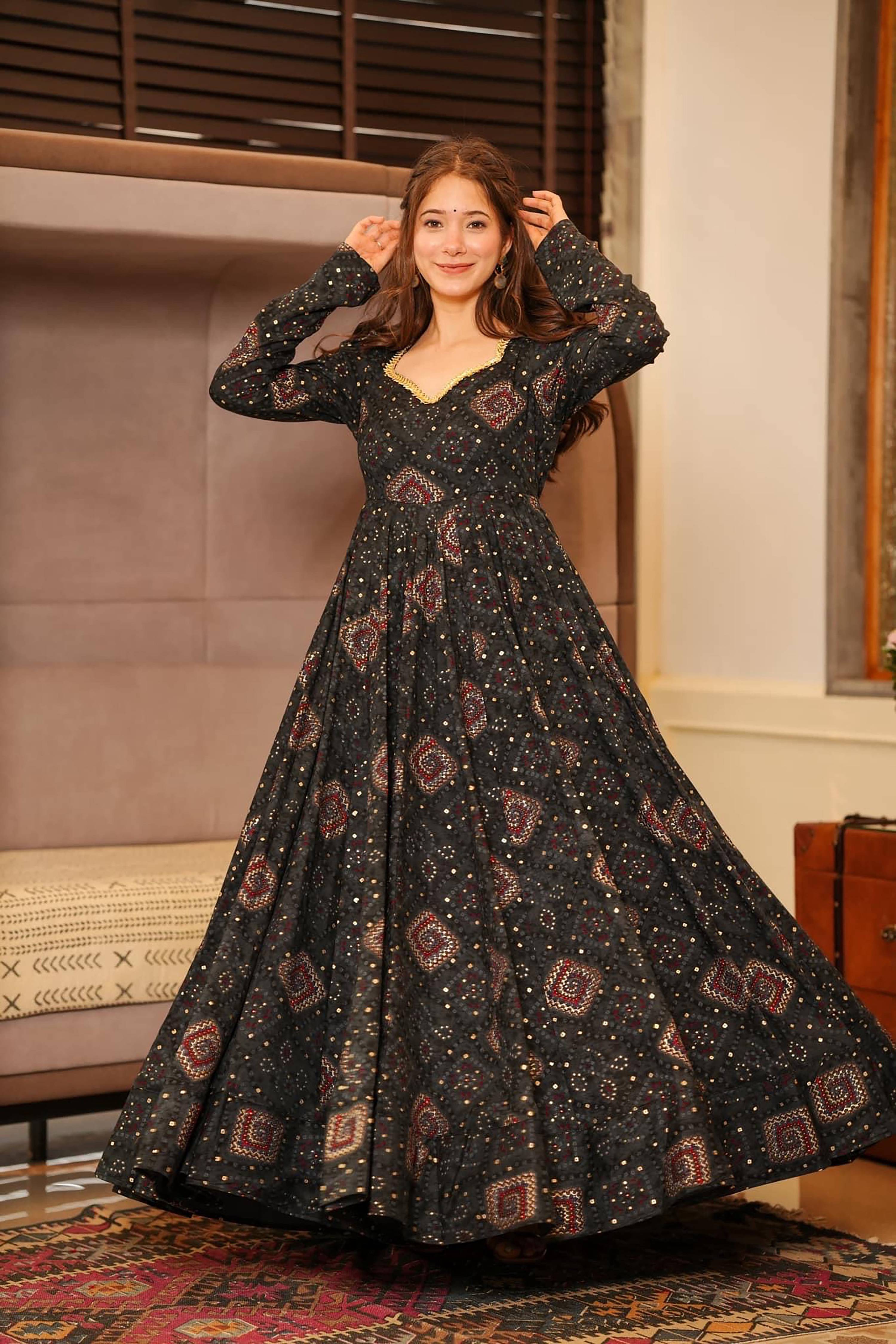 Sonakshi Women's Black Rayon Digital Print Full Round Flair Anarkali Gown Set | Grocsy