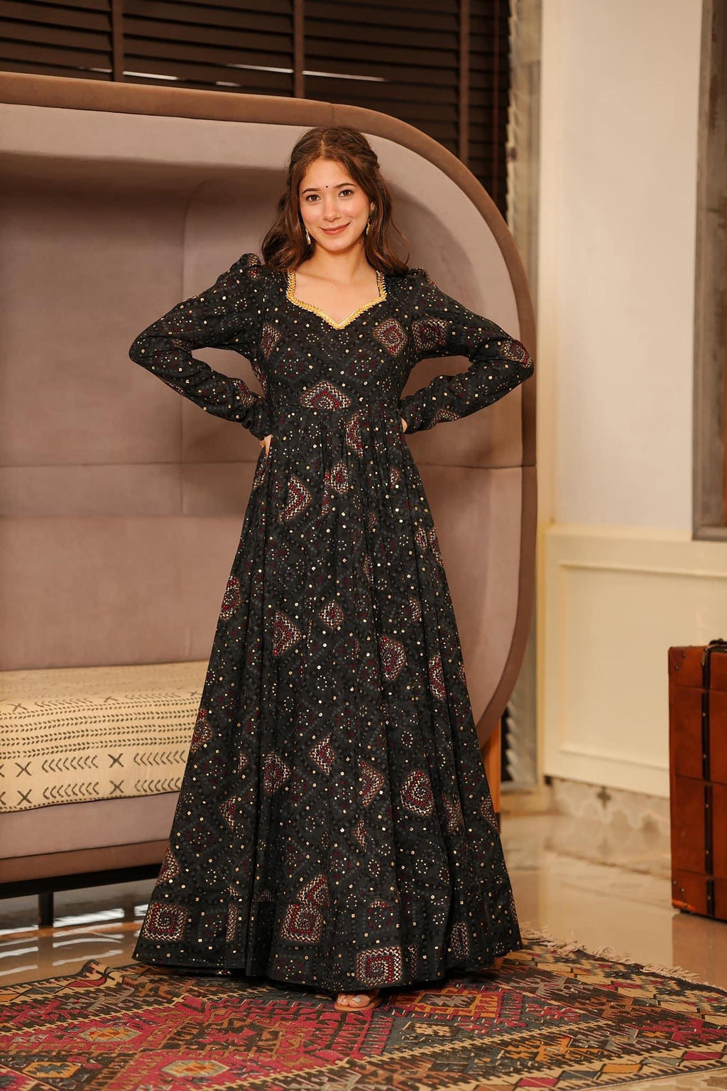 Sonakshi Women's Black Rayon Digital Print Full Round Flair Anarkali Gown Set | Grocsy