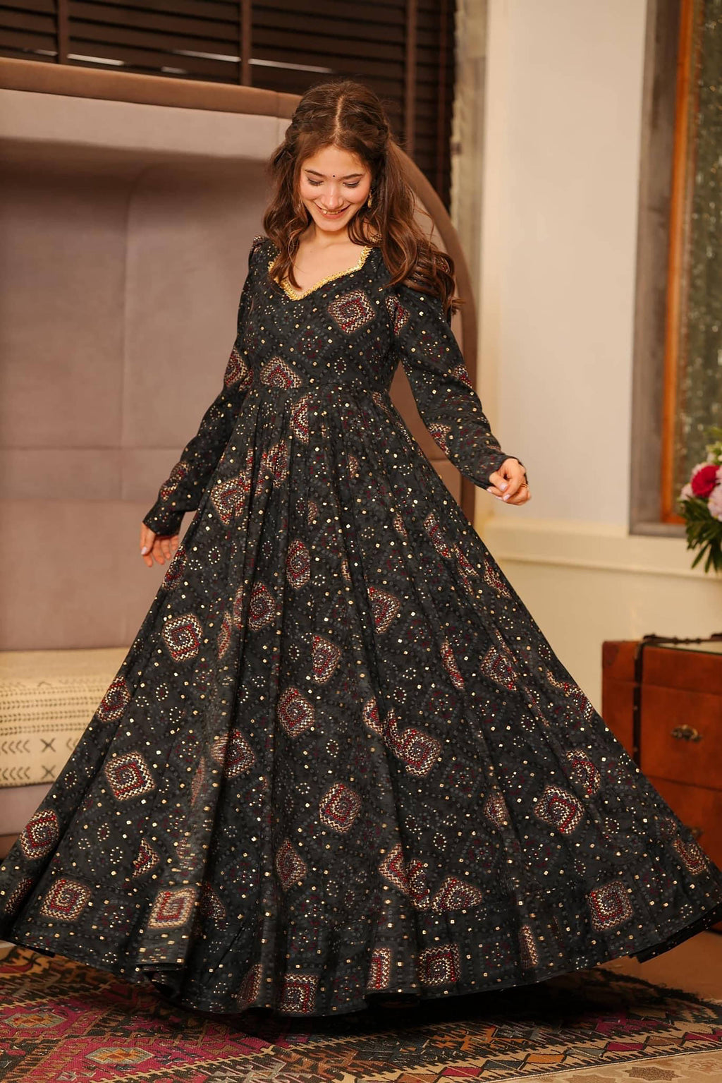 Sonakshi Women's Black Rayon Digital Print Full Round Flair Anarkali Gown Set | Grocsy