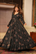 Sonakshi Women's Black Rayon Digital Print Full Round Flair Anarkali Gown Set | Grocsy