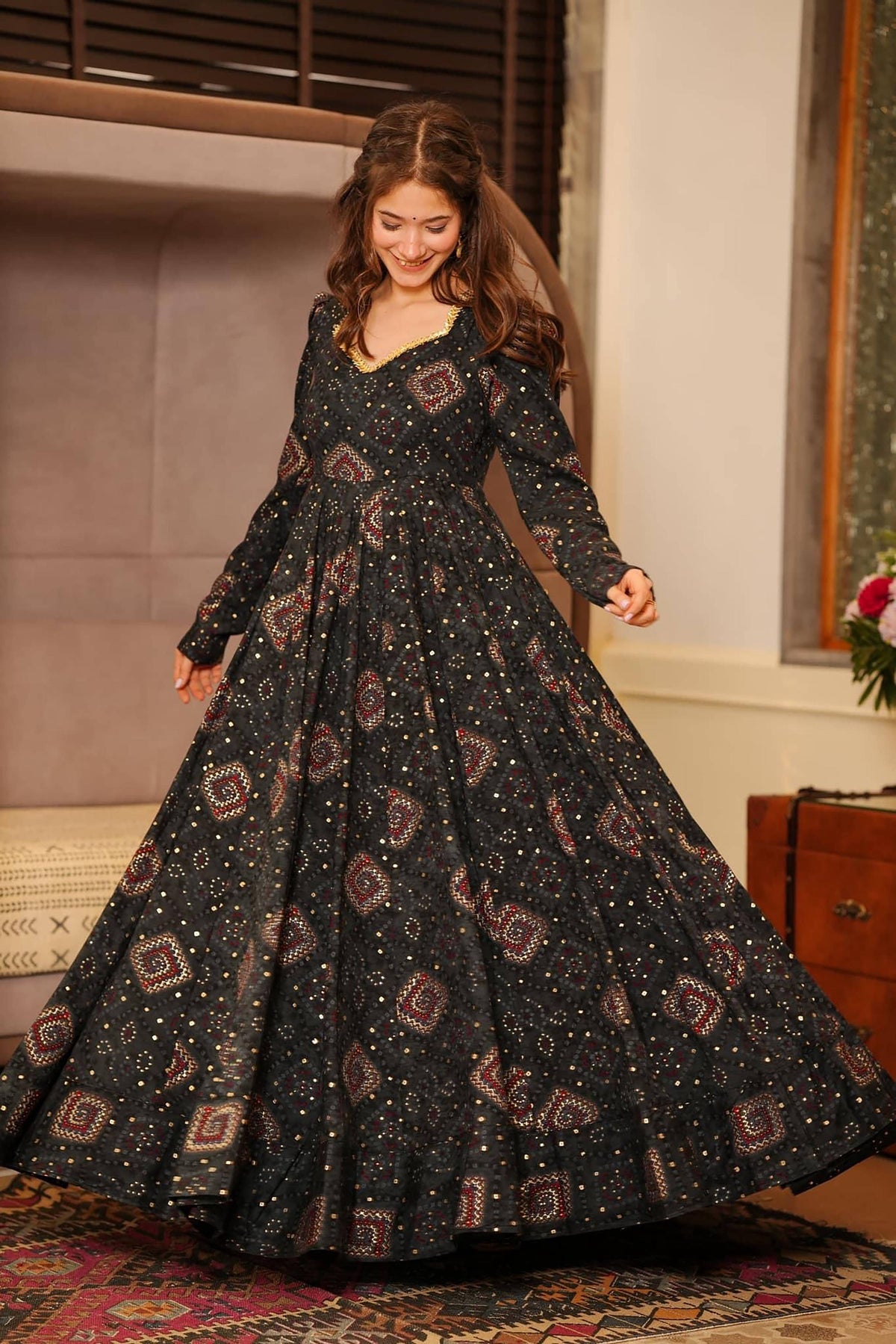 Sonakshi Women's Black Rayon Digital Print Full Round Flair Anarkali Gown Set | Grocsy