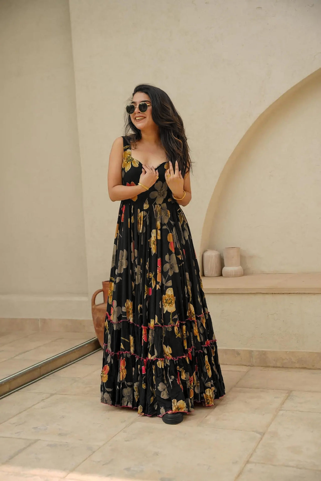 Sonakshi Women's Black Rayon Digital Print Full Round Flair Anarkali Gown Set | Grocsy