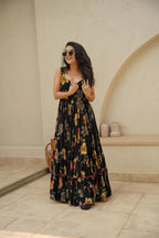 Sonakshi Women's Black Rayon Digital Print Full Round Flair Anarkali Gown Set | Grocsy