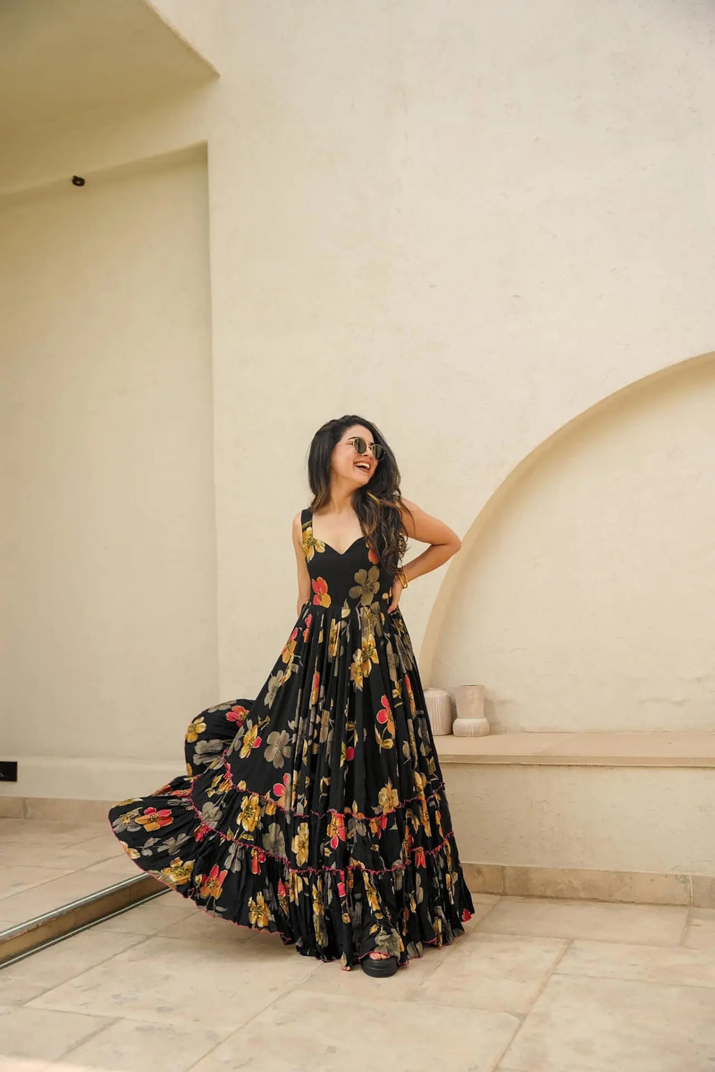 Sonakshi Women's Black Rayon Digital Print Full Round Flair Anarkali Gown Set | Grocsy