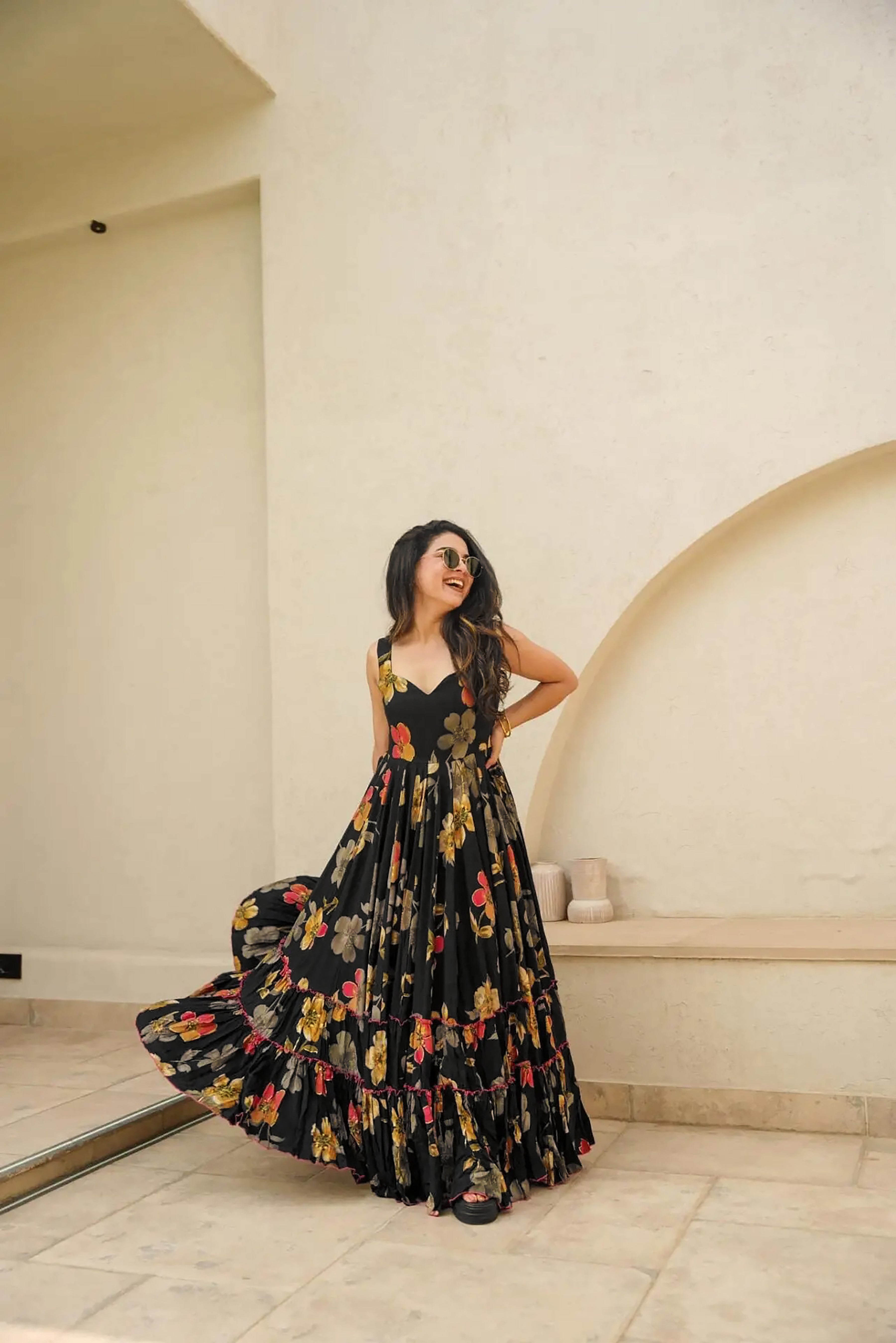 Sonakshi Women's Black Rayon Digital Print Full Round Flair Anarkali Gown Set | Grocsy