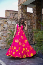 Sonakshi Women's Pink Rayon Digital Print Full Round Flair Anarkali Gown Set | Grocsy