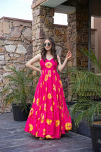 Sonakshi Women's Pink Rayon Digital Print Full Round Flair Anarkali Gown Set | Grocsy
