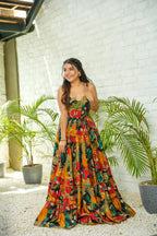 Sonakshi Women's Multicolor Rayon Digital Print Full Round Flair Anarkali Gown Set | Grocsy