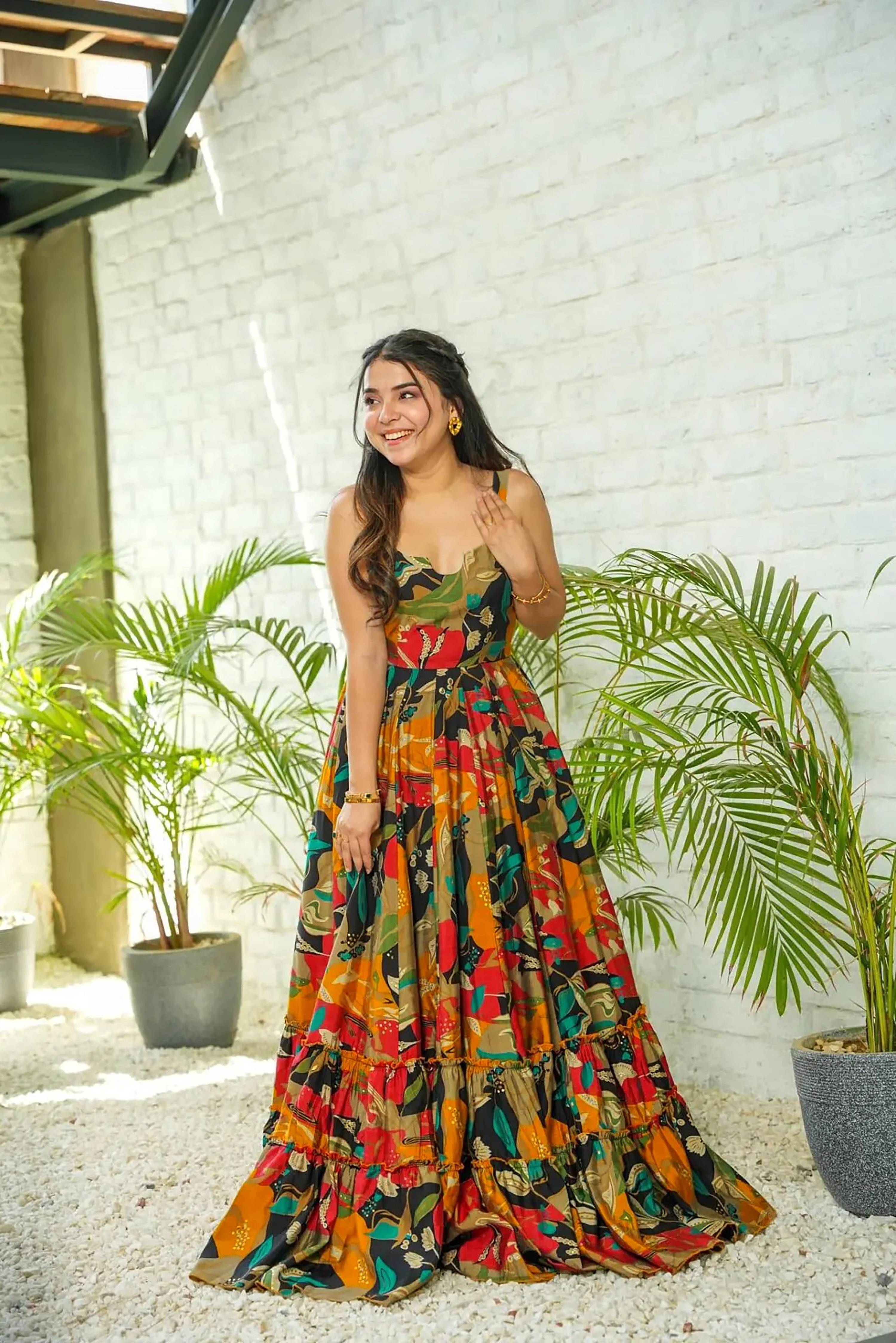 Sonakshi Women's Multicolor Rayon Digital Print Full Round Flair Anarkali Gown Set | Grocsy