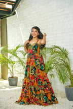 Sonakshi Women's Multicolor Rayon Digital Print Full Round Flair Anarkali Gown Set | Grocsy
