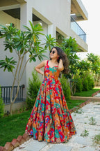 Sonakshi Women's Multicolor Rayon Digital Print Full Round Flair Anarkali Gown Set | Grocsy