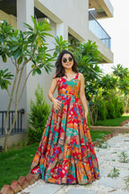 Sonakshi Women's Multicolor Rayon Digital Print Full Round Flair Anarkali Gown Set | Grocsy