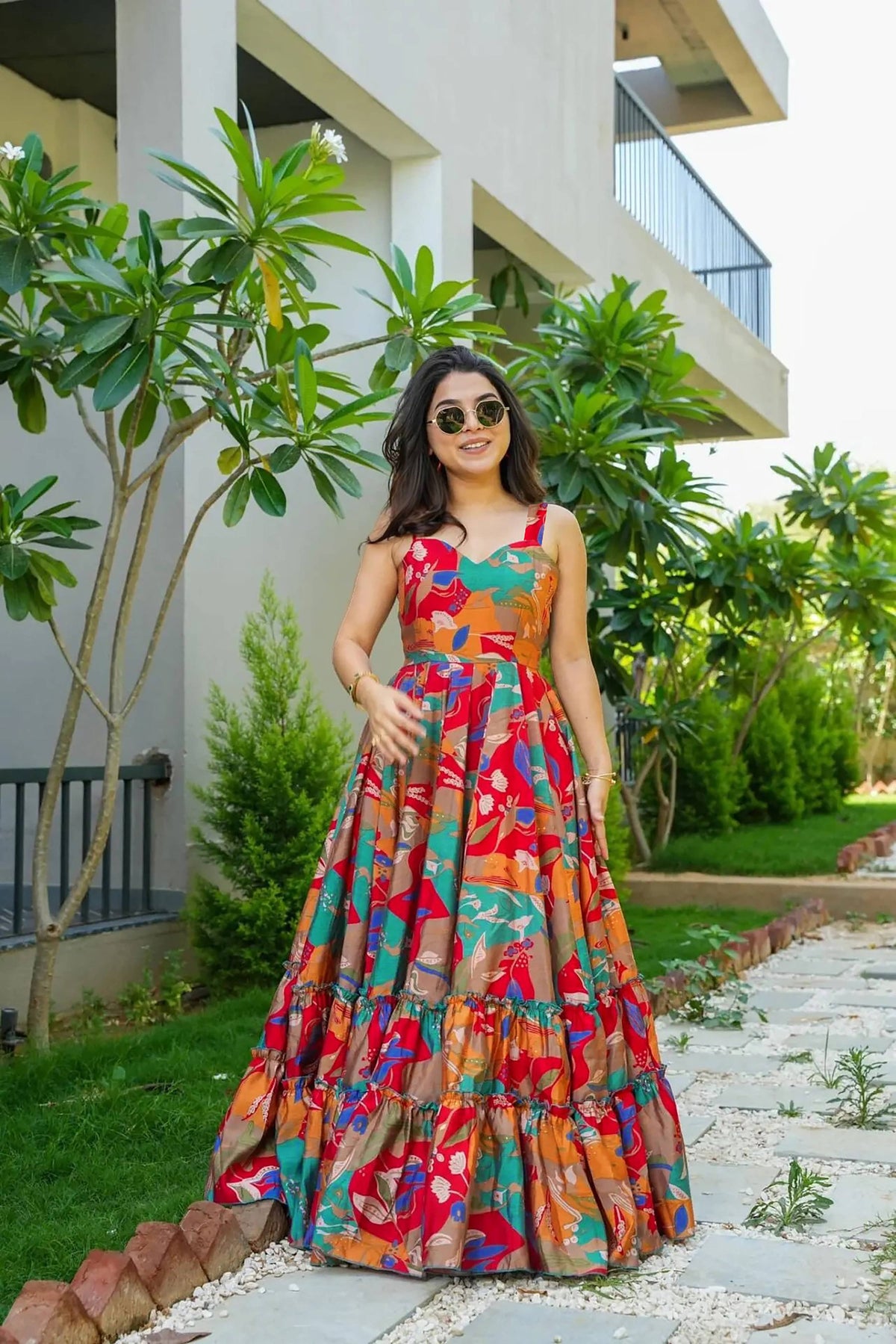 Sonakshi Women's Multicolor Rayon Digital Print Full Round Flair Anarkali Gown Set | Grocsy