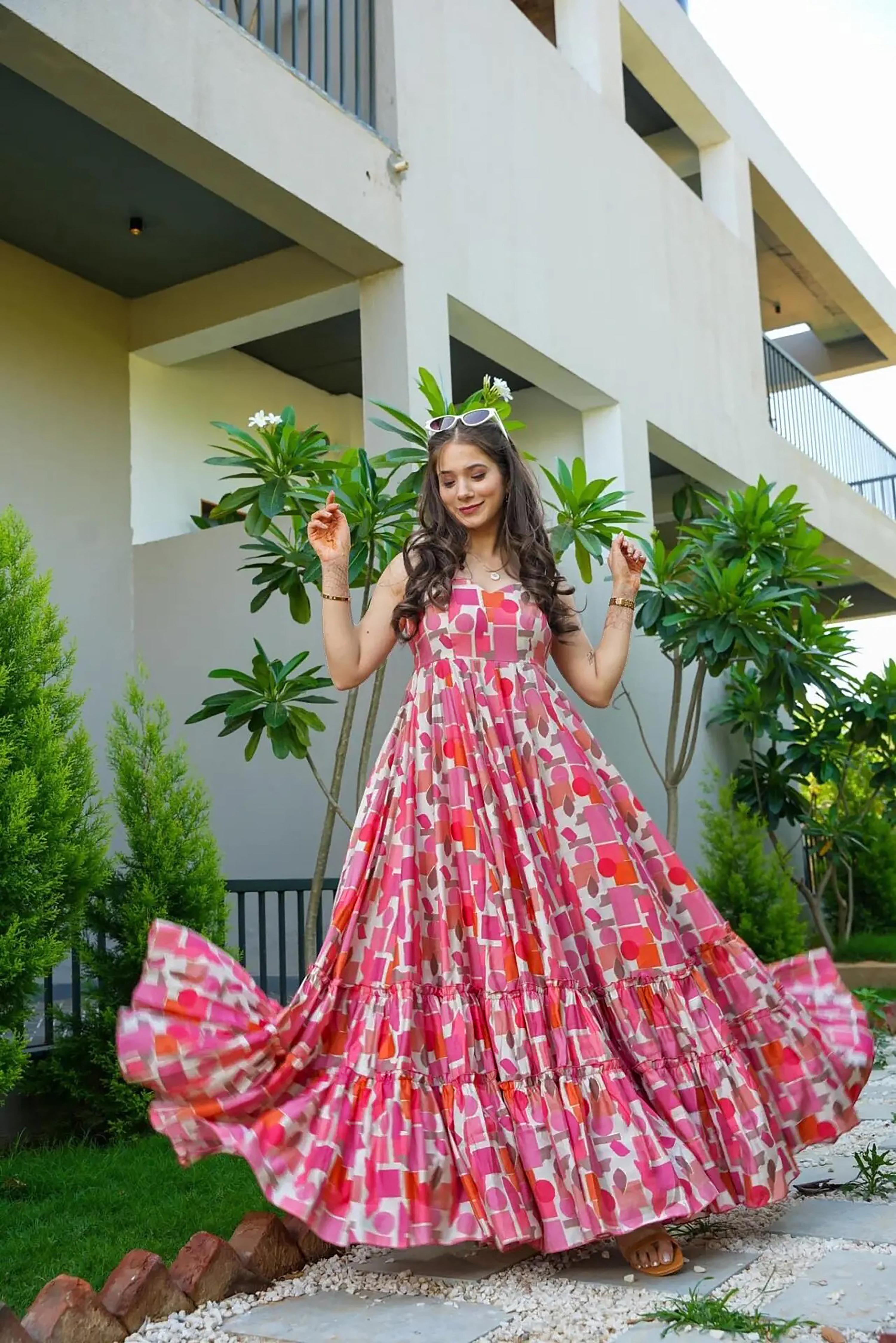 Sonakshi Women's Babypink Rayon Digital Print Full Round Flair Anarkali Gown Set | Grocsy