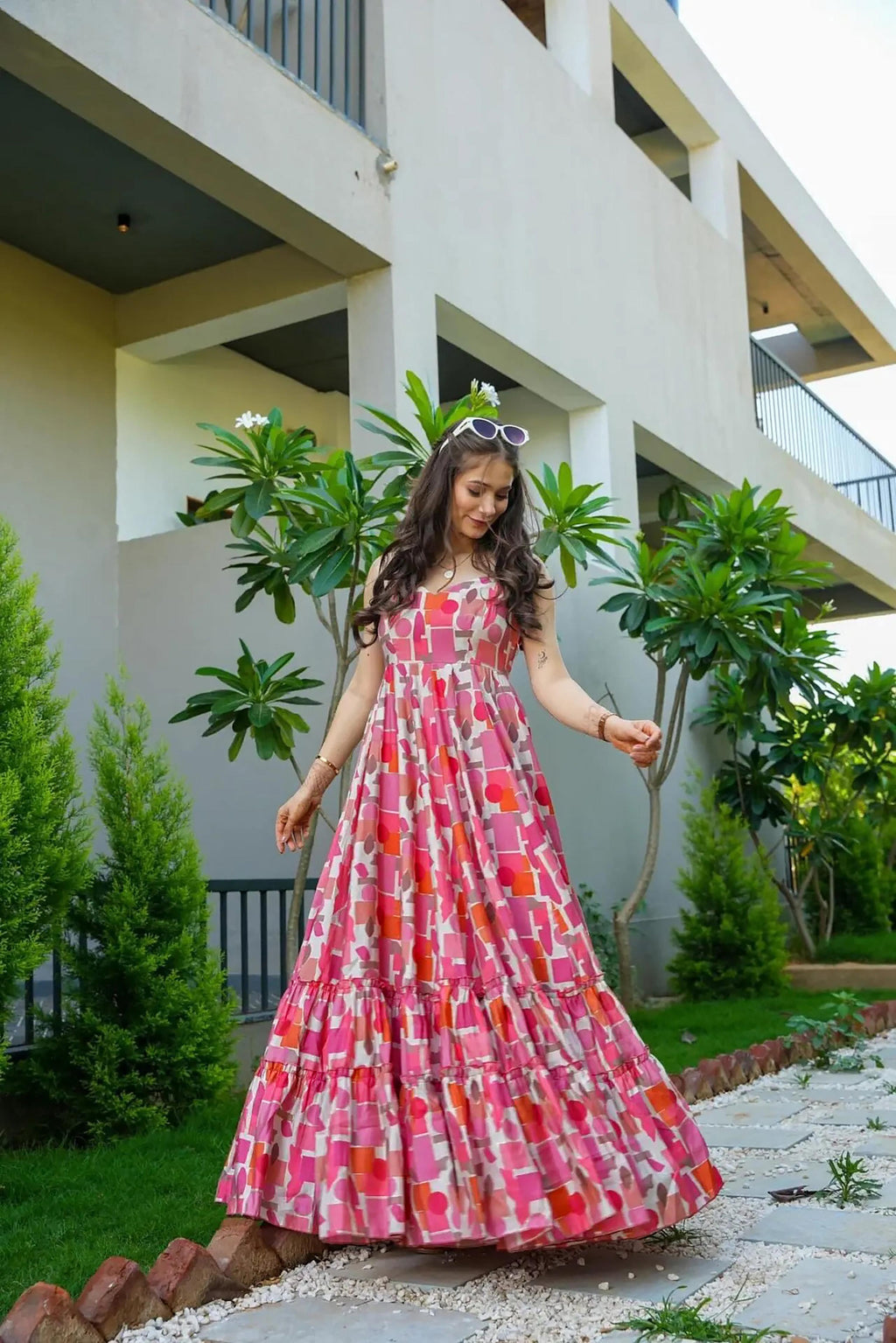 Sonakshi Women's Babypink Rayon Digital Print Full Round Flair Anarkali Gown Set | Grocsy