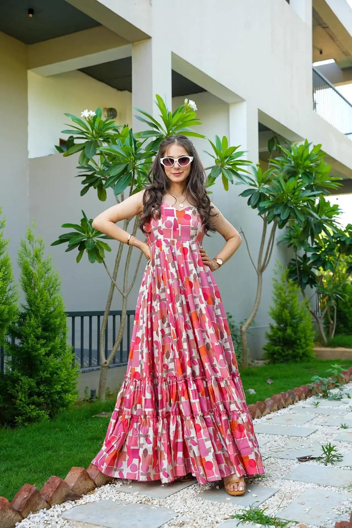 Sonakshi Women's Babypink Rayon Digital Print Full Round Flair Anarkali Gown Set | Grocsy