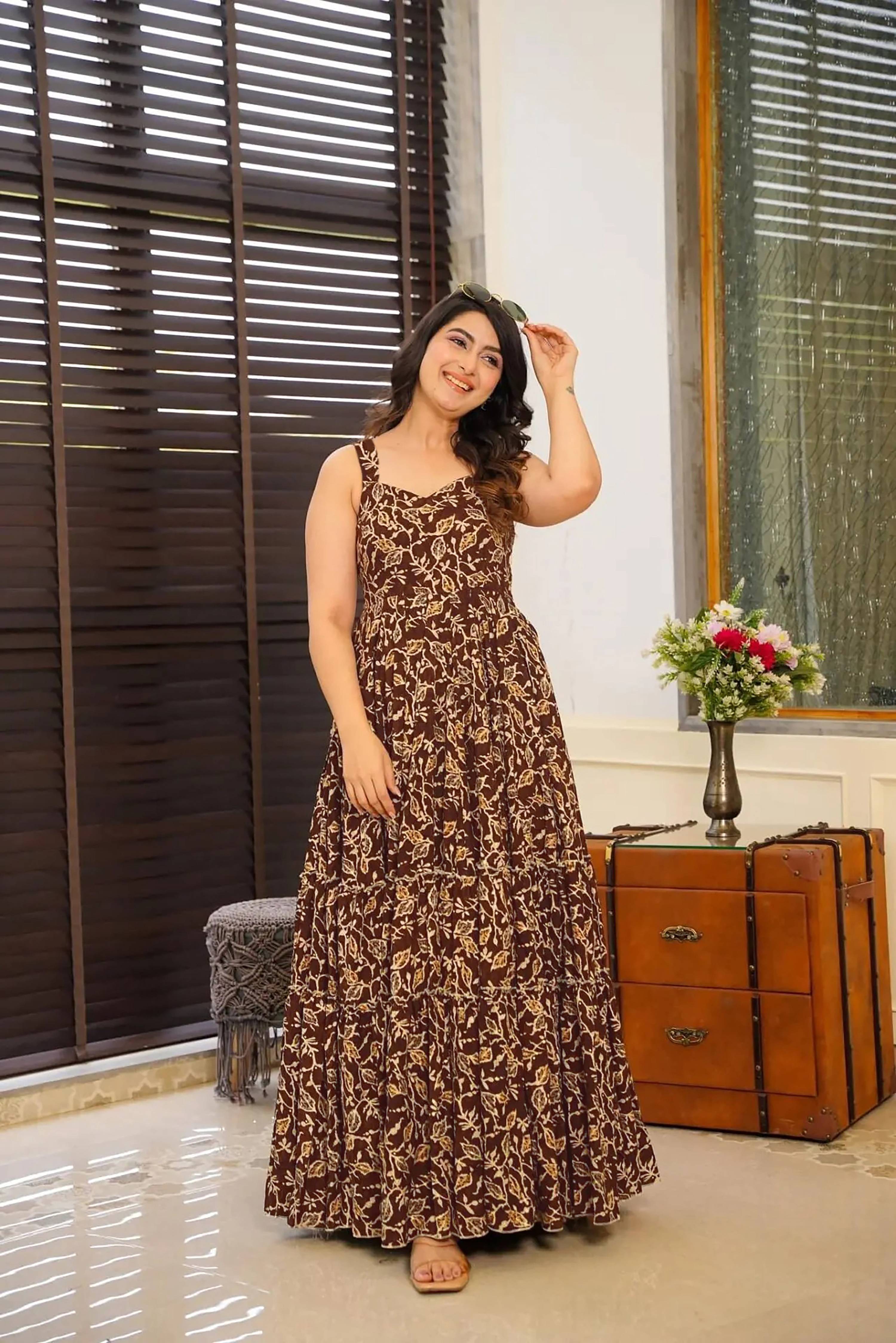 Sonakshi Women's Brown Rayon Digital Print Full Round Flair Anarkali Gown Set | Grocsy