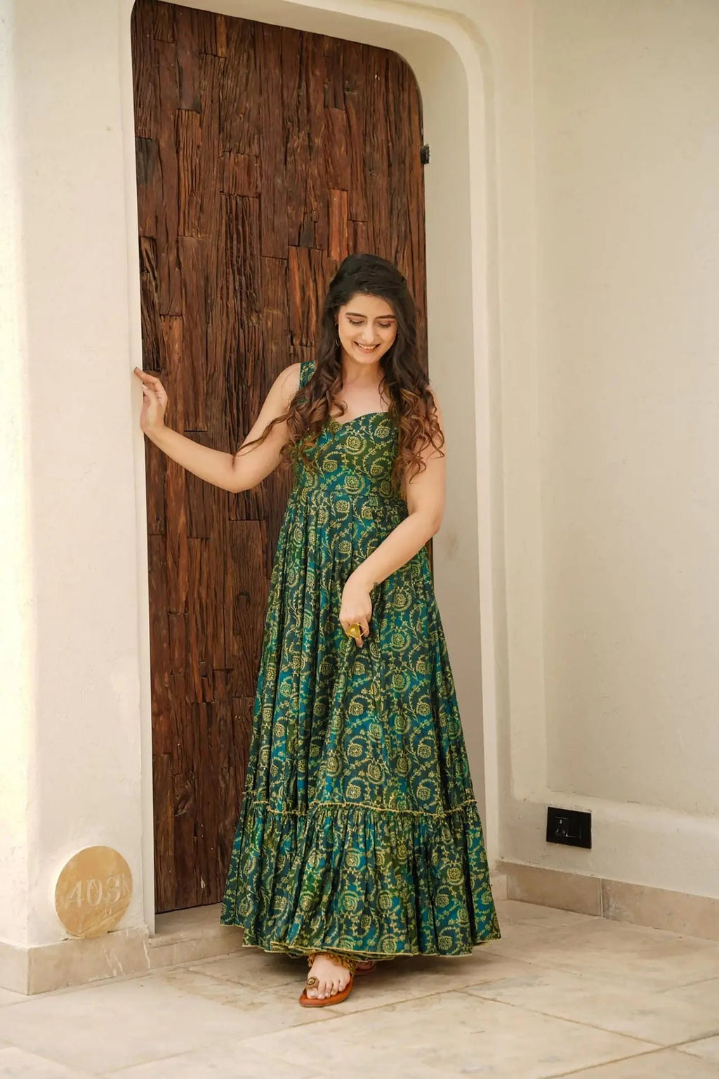 Sonakshi Women's Green Rayon Digital Print Full Round Flair Anarkali Gown Set | Grocsy