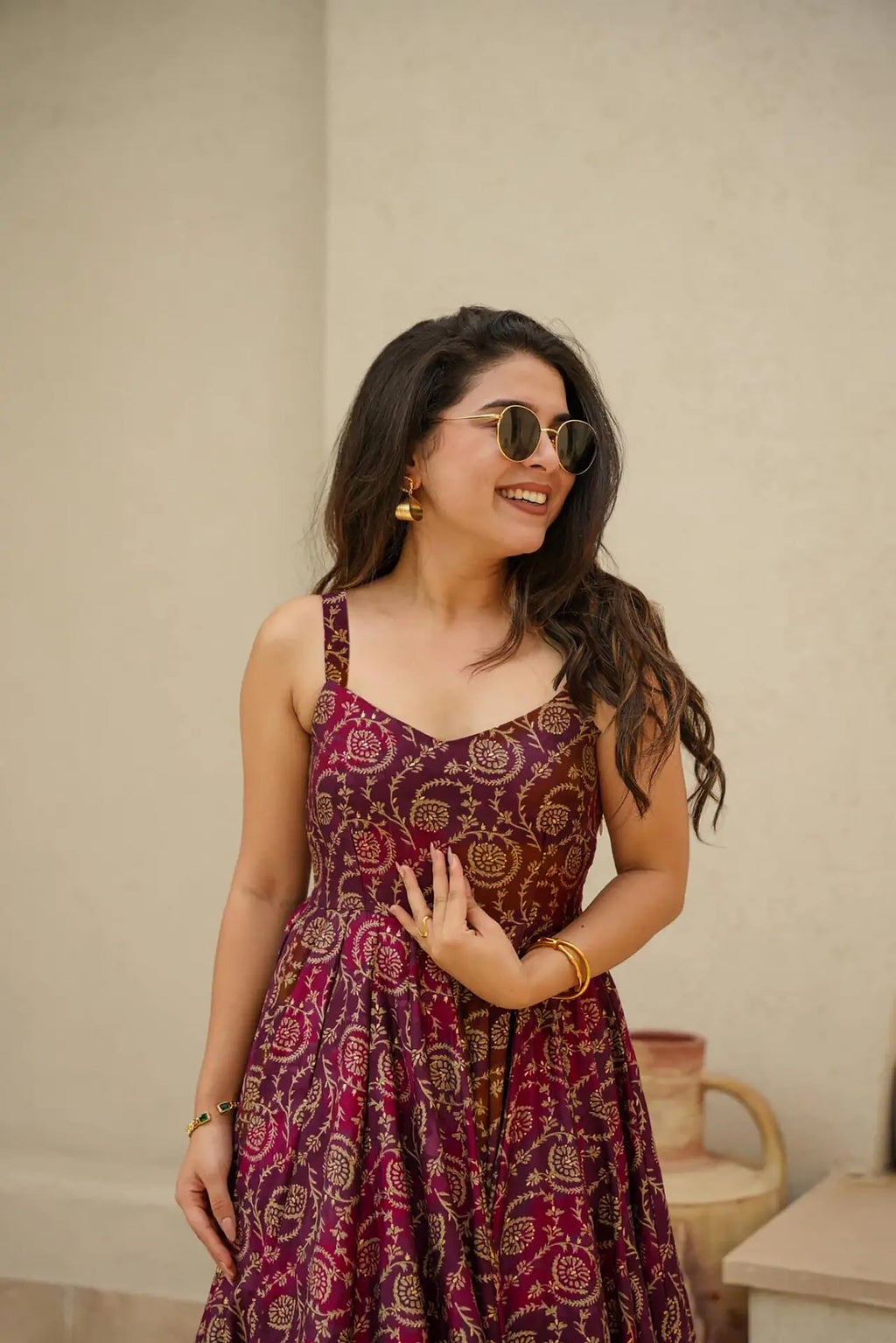 Sonakshi Women's Purple Rayon Digital Print Full Round Flair Anarkali Gown Set | Grocsy