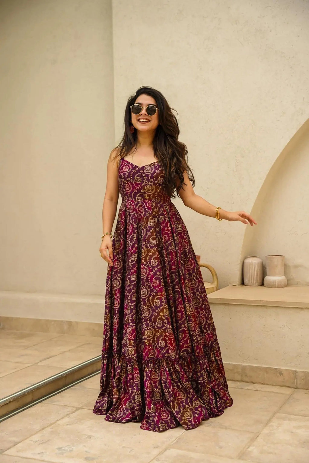 Sonakshi Women's Purple Rayon Digital Print Full Round Flair Anarkali Gown Set | Grocsy