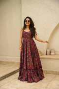 Sonakshi Women's Purple Rayon Digital Print Full Round Flair Anarkali Gown Set | Grocsy