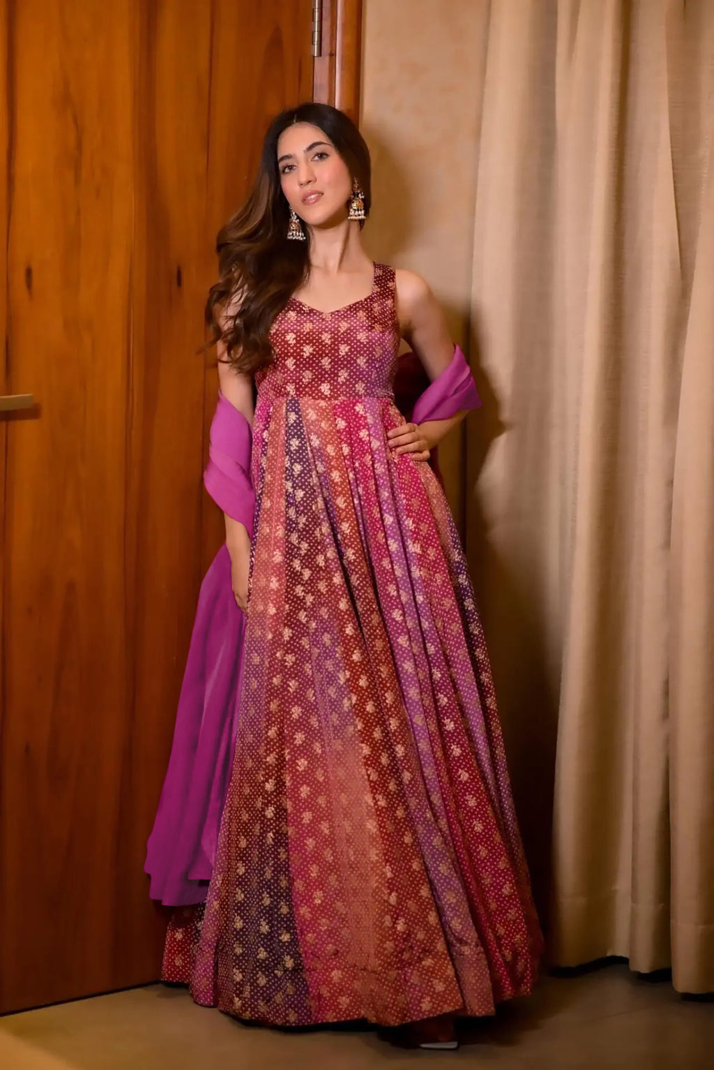 Sonakshi Women's Purple Airtex Chinon Digital Print Full Round Flair Anarkali Gown Set With Dupatta | Grocsy