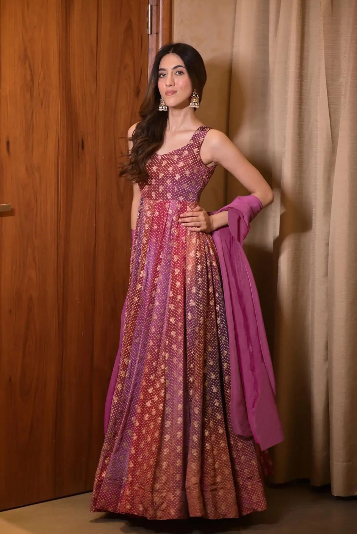 Sonakshi Women's Purple Airtex Chinon Digital Print Full Round Flair Anarkali Gown Set With Dupatta | Grocsy