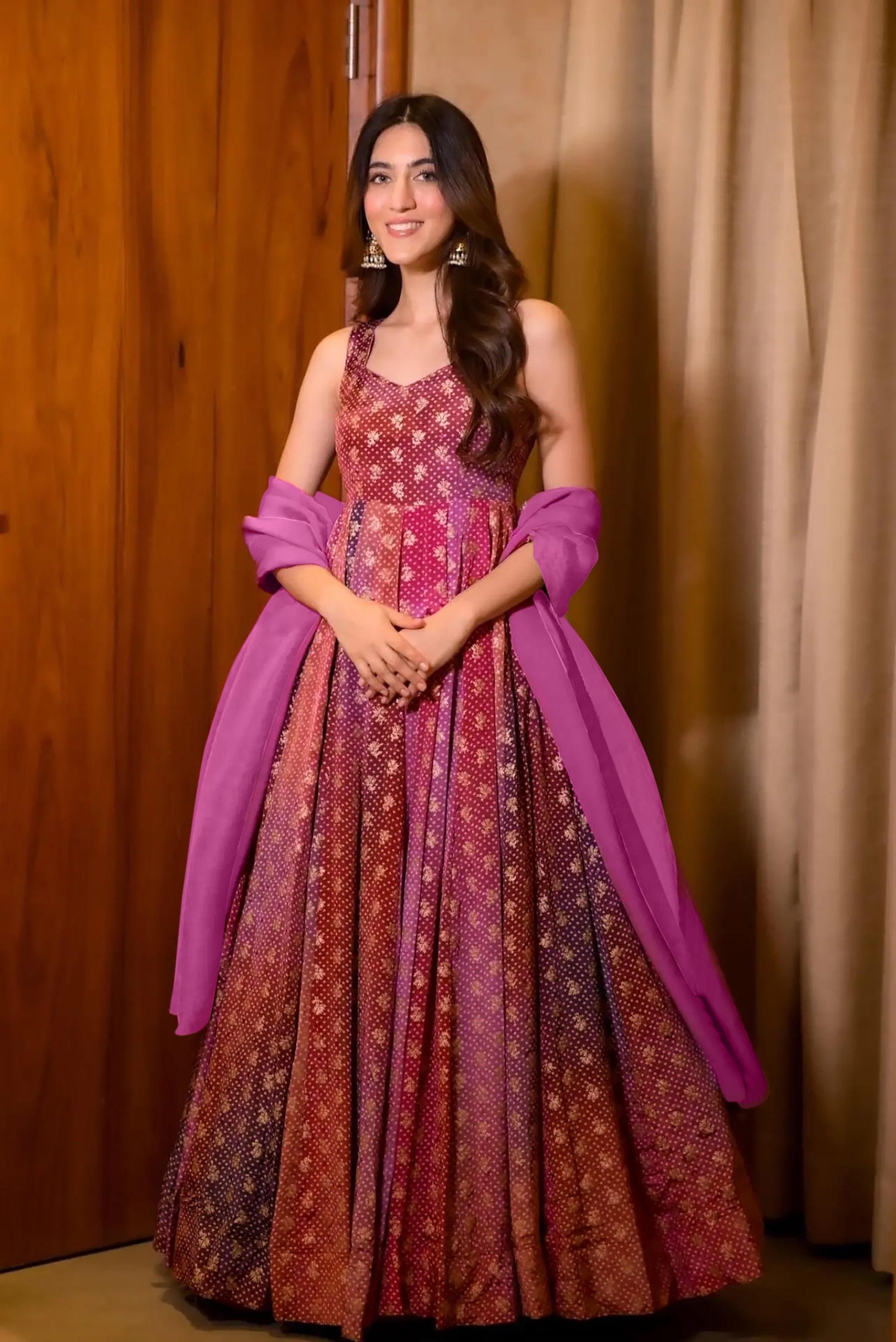 Sonakshi Women's Purple Airtex Chinon Digital Print Full Round Flair Anarkali Gown Set With Dupatta | Grocsy