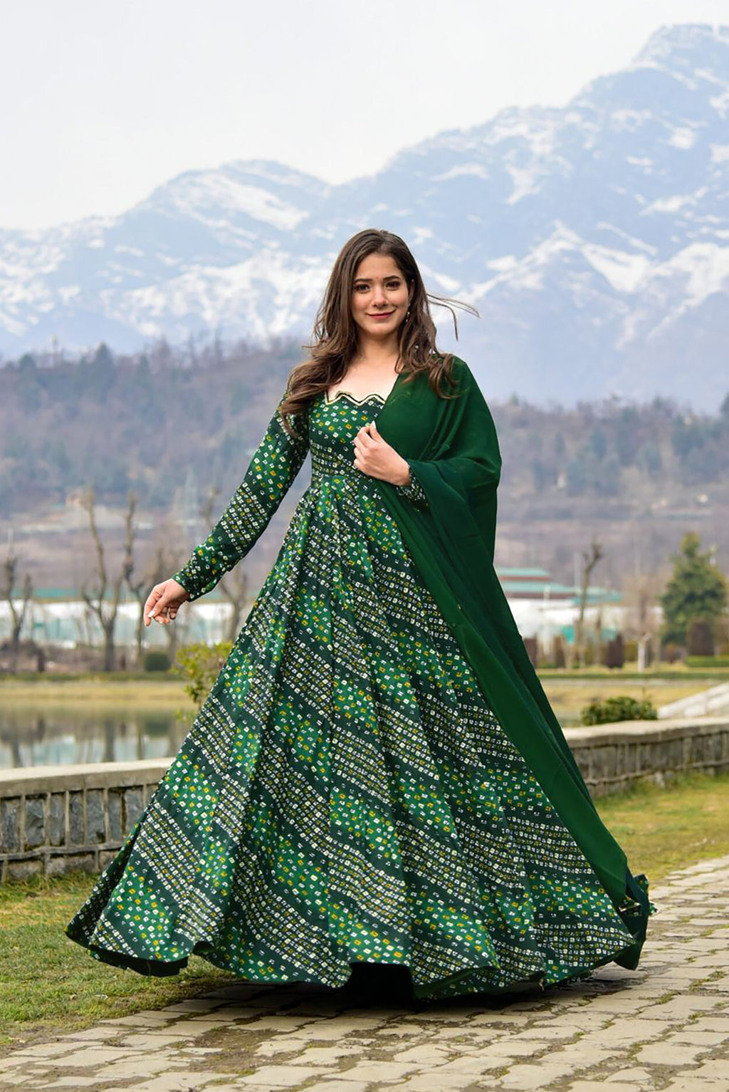 Sonakshi Women's Green Rayon Digital Print Full Round Flair Anarkali Gown Set With Dupatta | Grocsy