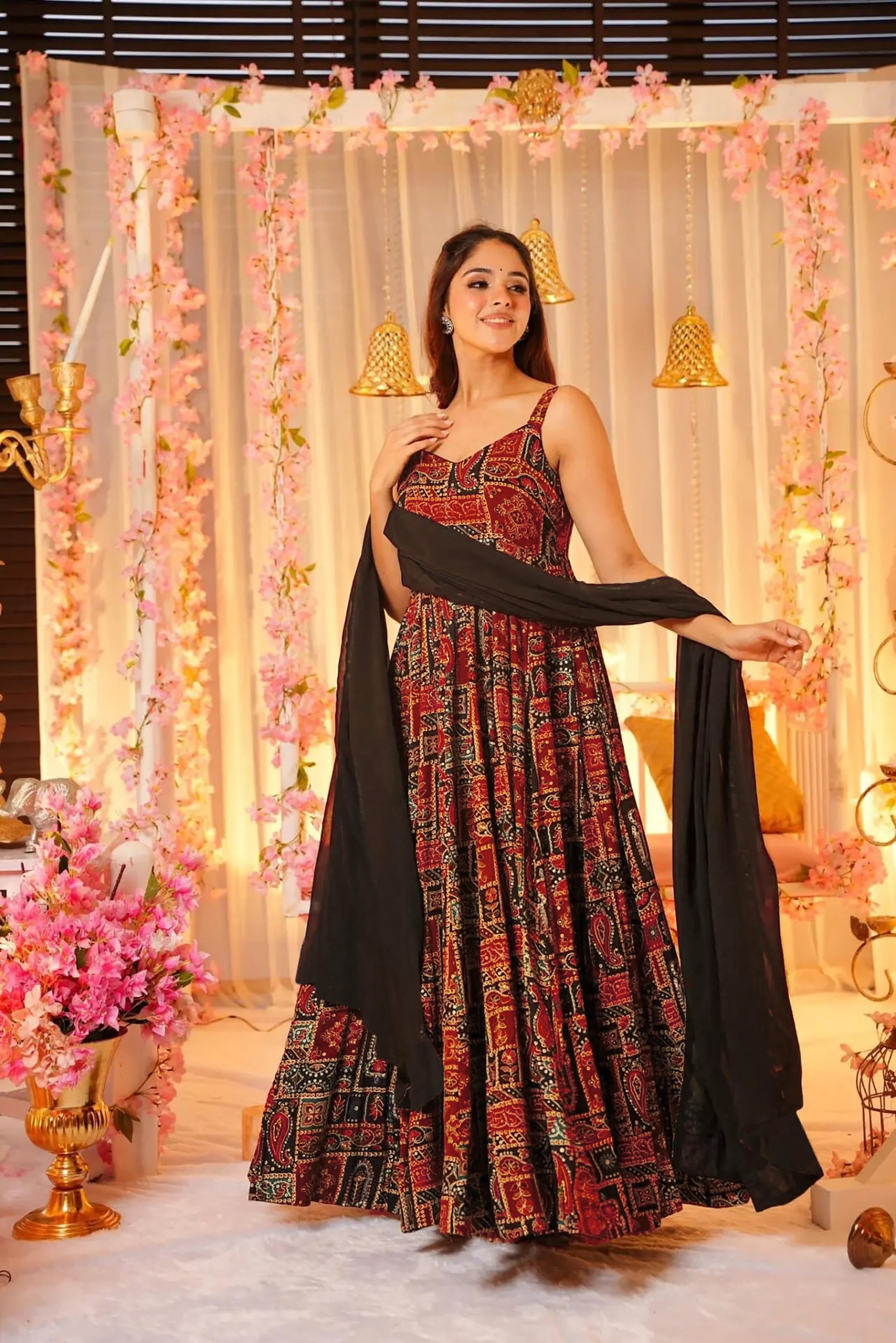 Sonakshi Women's Red Rayon Digital Print Full Round Flair Anarkali Gown Set With Dupatta | Grocsy