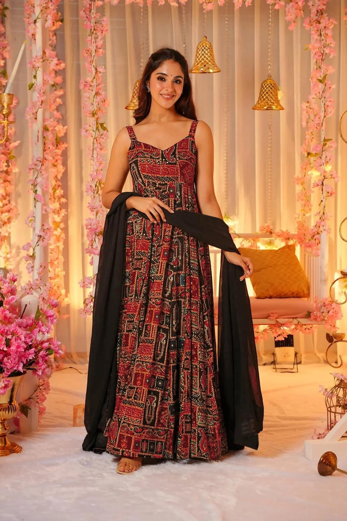 Sonakshi Women's Red Rayon Digital Print Full Round Flair Anarkali Gown Set With Dupatta | Grocsy