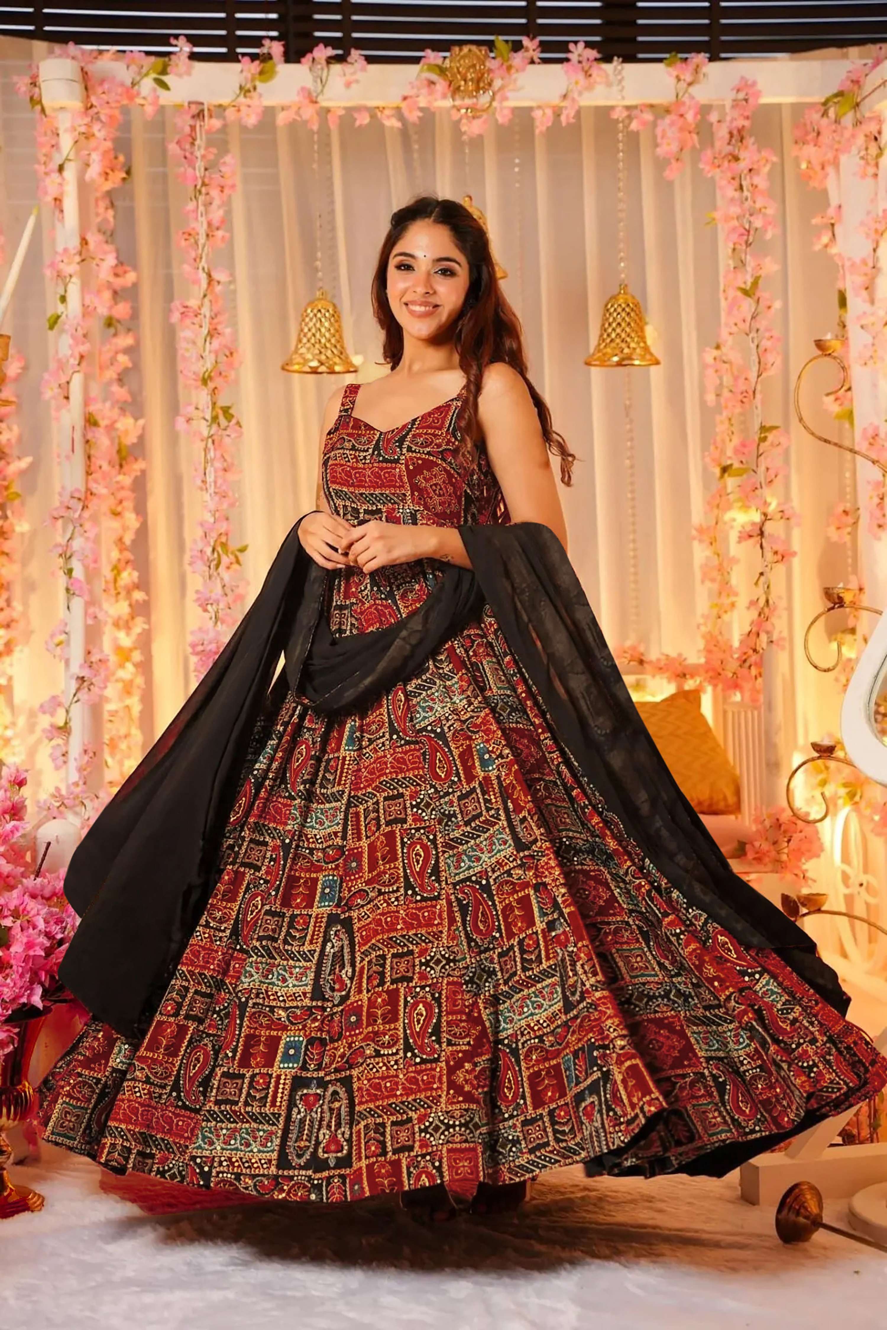 Sonakshi Women's Red Rayon Digital Print Full Round Flair Anarkali Gown Set With Dupatta | Grocsy