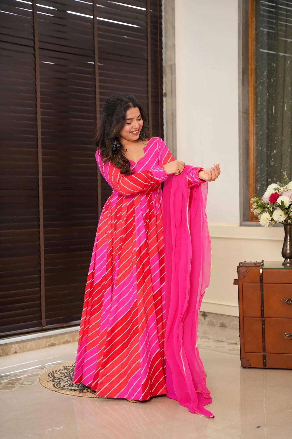 Sonakshi Women's Red Rayon Digital Print Full Round Flair Anarkali Gown Set With Dupatta | Grocsy