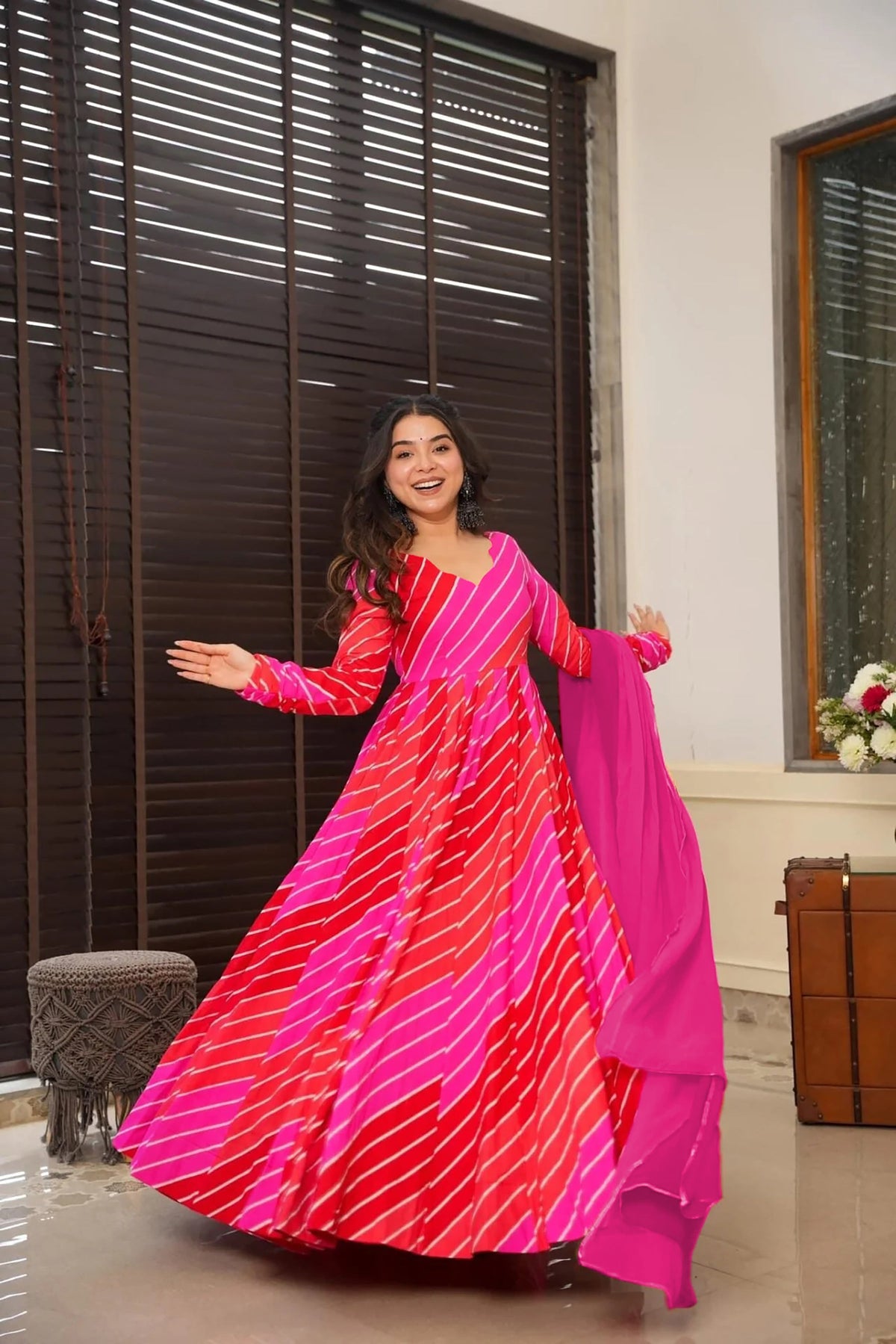 Sonakshi Women's Red Rayon Digital Print Full Round Flair Anarkali Gown Set With Dupatta | Grocsy