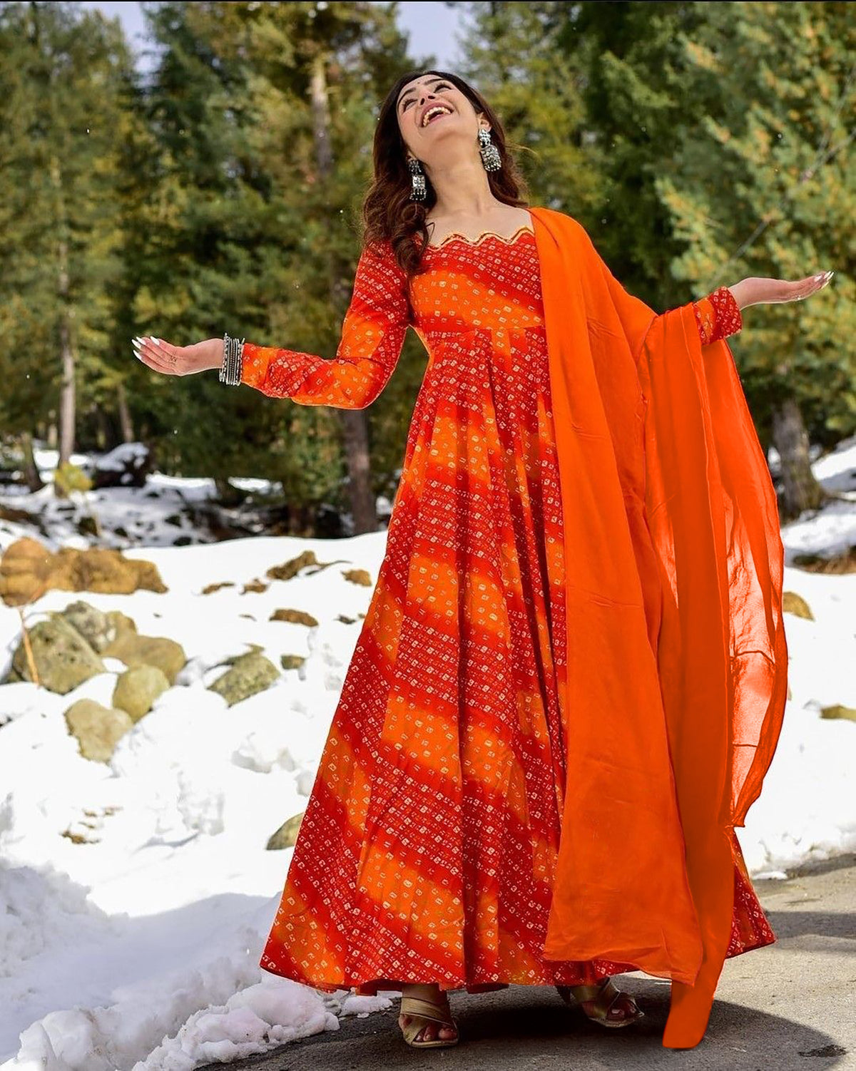 Sonakshi Women's Fenta Rayon Digital Print Full Round Flair Anarkali Gown Set With Dupatta | Grocsy