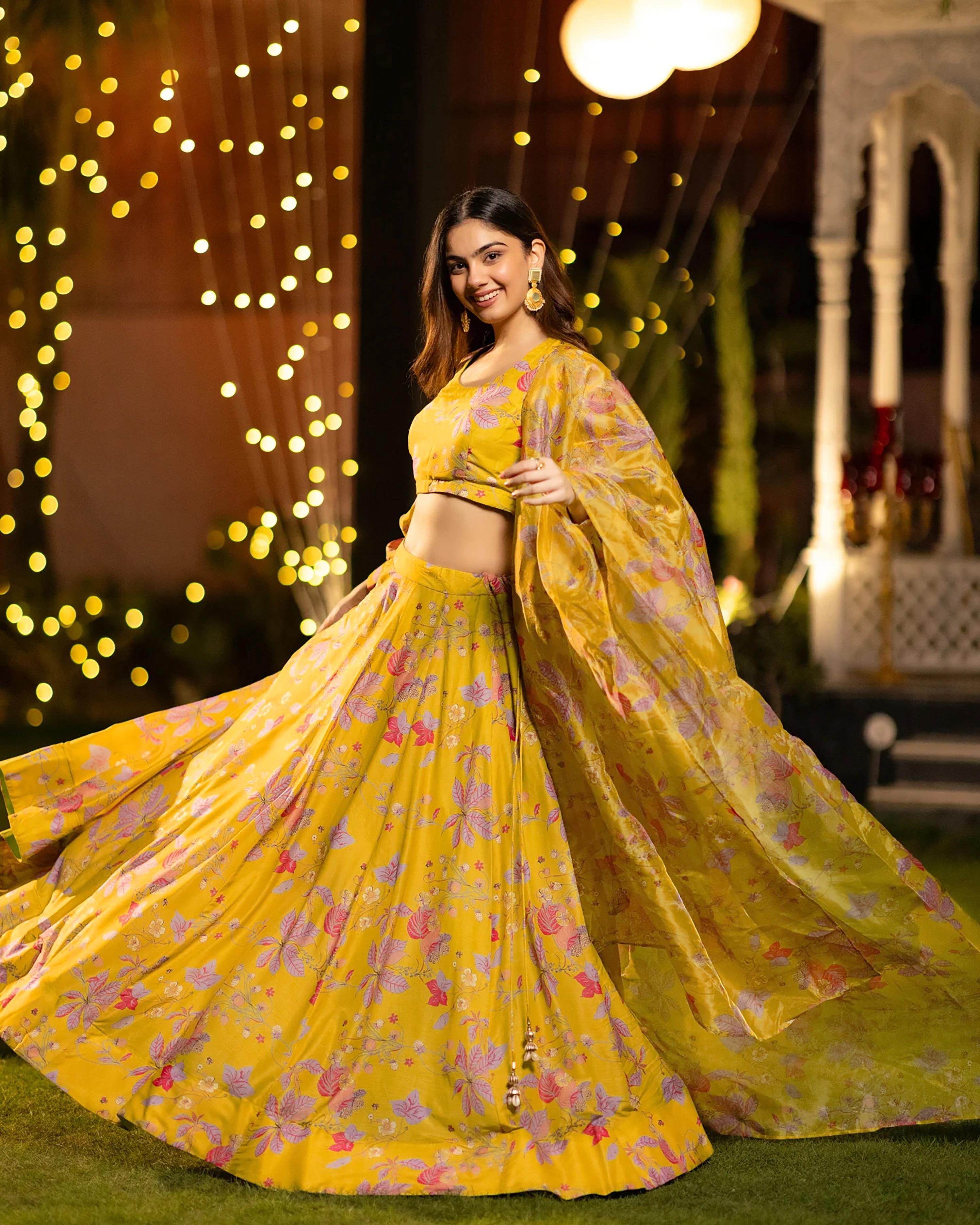 Sonakshi Women's Yellow Air Tex Chinon Digital Printed Lehenga Choli With Dupatta | Grocsy
