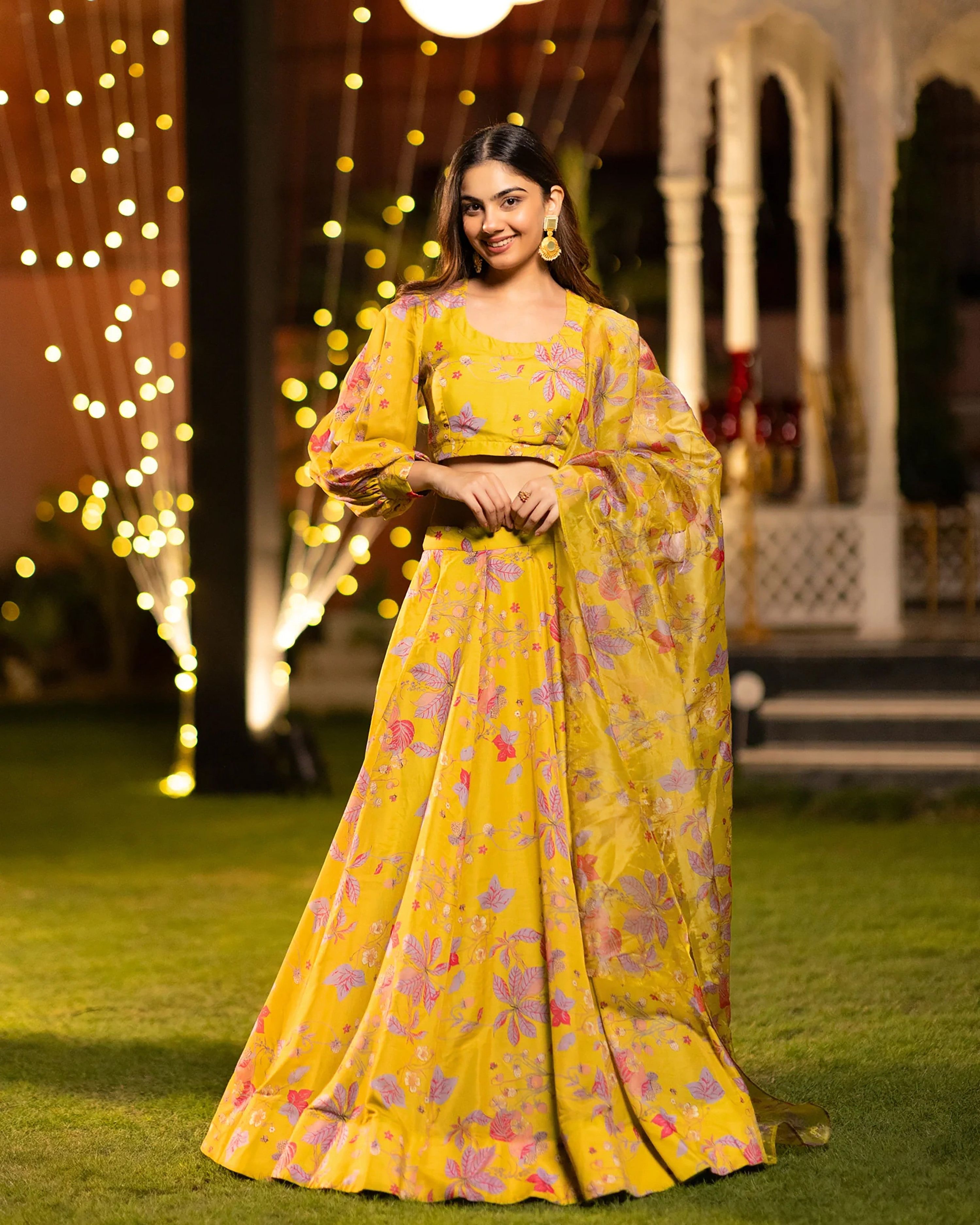 Sonakshi Women's Yellow Air Tex Chinon Digital Printed Lehenga Choli With Dupatta | Grocsy