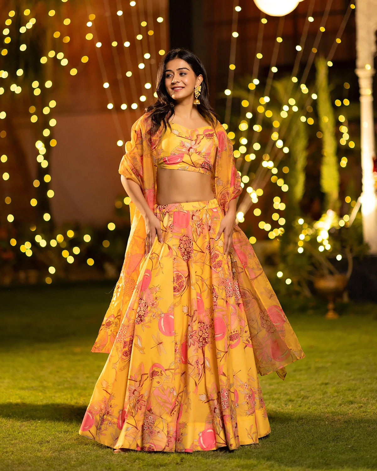 Sonakshi Women's Yellow Air Tex Chinon Digital Printed Lehenga Choli With Dupatta | Grocsy