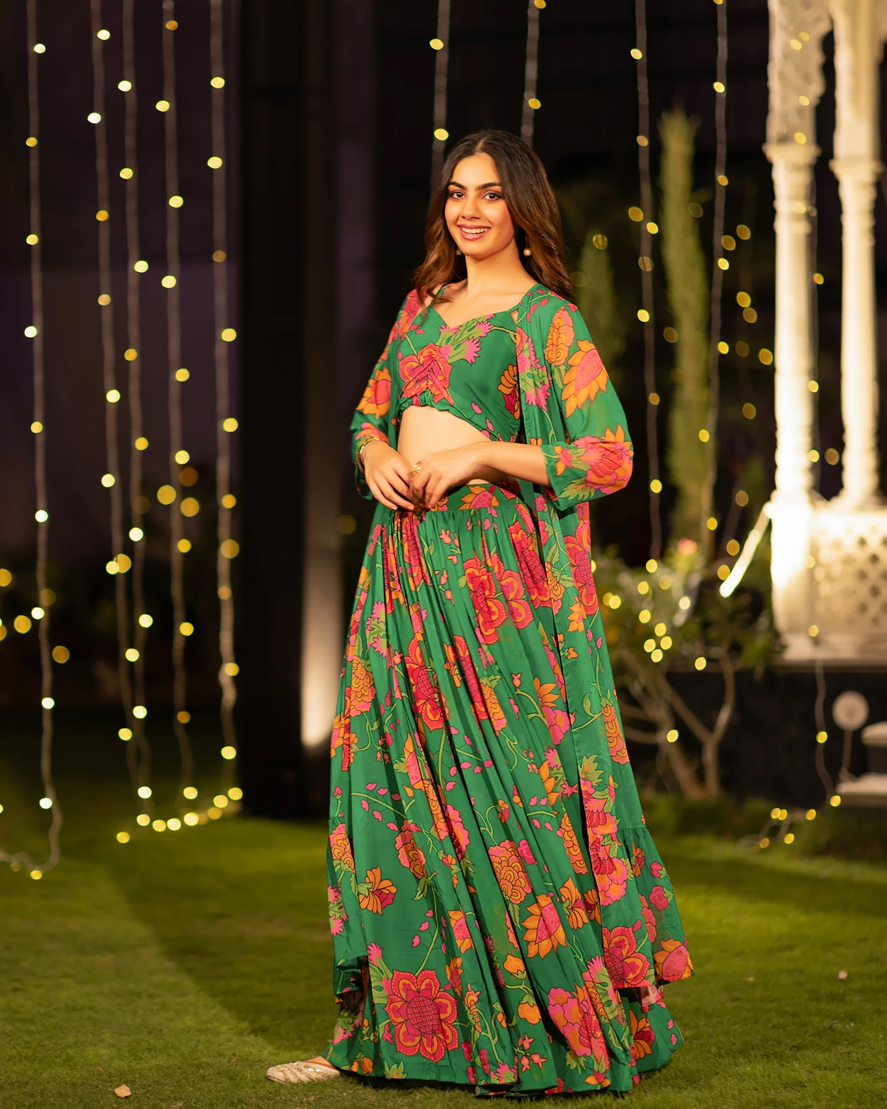 Sonakshi Women's Green Air Tex Chinon Digital Printed Lehenga Choli With Shrug | Grocsy