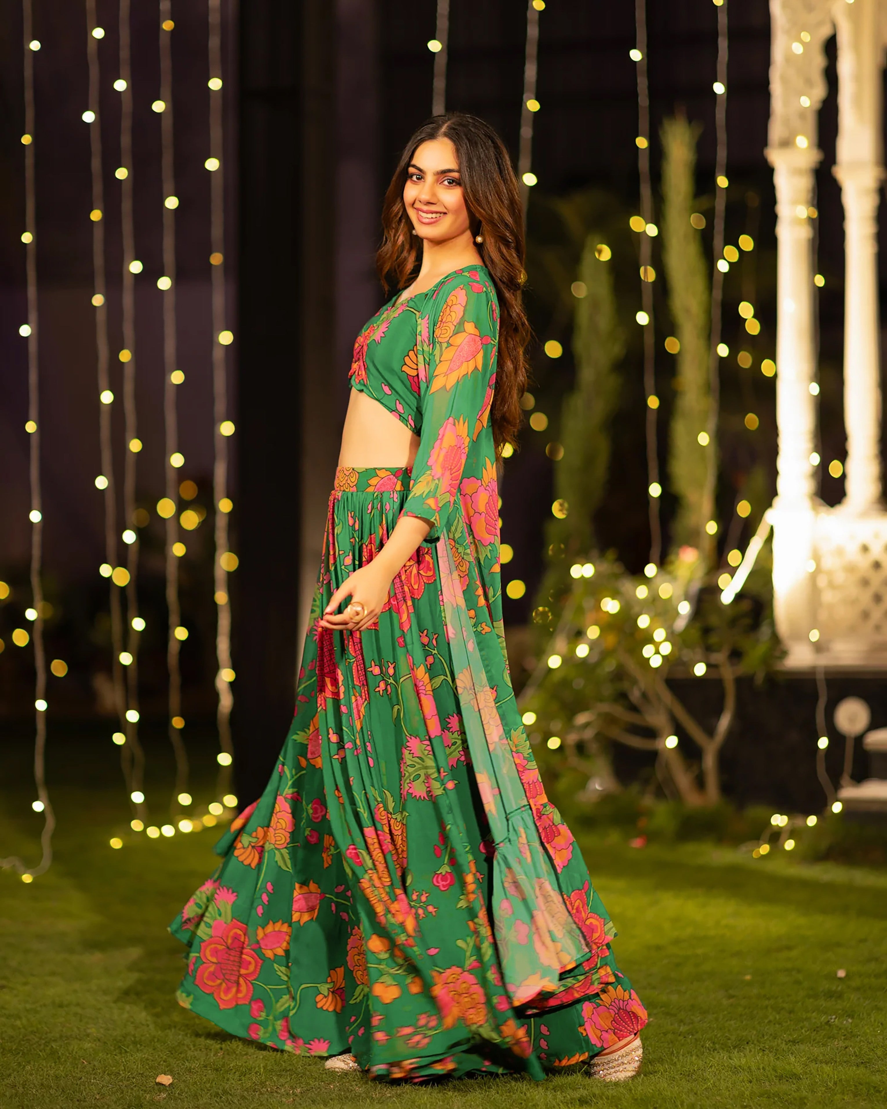 Sonakshi Women's Green Air Tex Chinon Digital Printed Lehenga Choli With Shrug | Grocsy