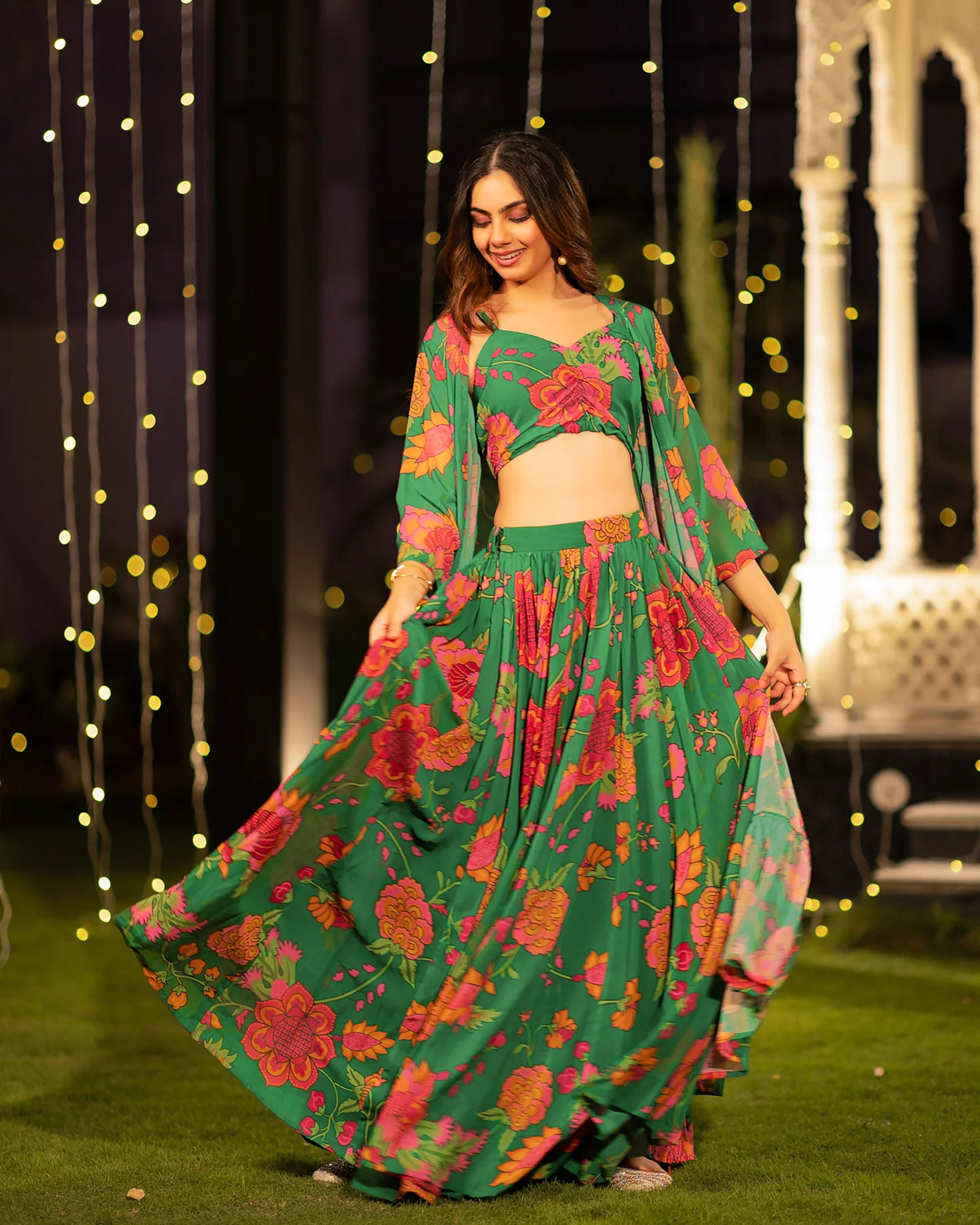 Sonakshi Women's Green Air Tex Chinon Digital Printed Lehenga Choli With Shrug | Grocsy