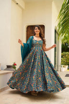 Sonakshi Women's Rama Silk Digital Print Full Round Flair Anarkali Gown Set With Dupatta | Grocsy