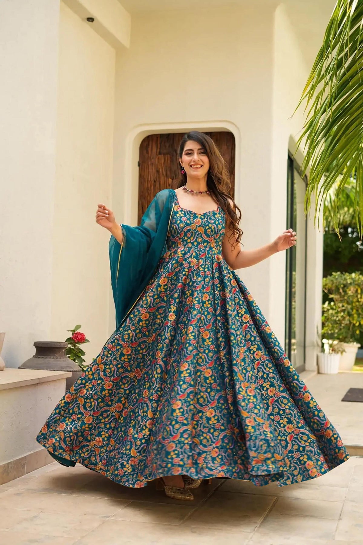 Sonakshi Women's Rama Silk Digital Print Full Round Flair Anarkali Gown Set With Dupatta | Grocsy