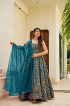Sonakshi Women's Rama Silk Digital Print Full Round Flair Anarkali Gown Set With Dupatta | Grocsy