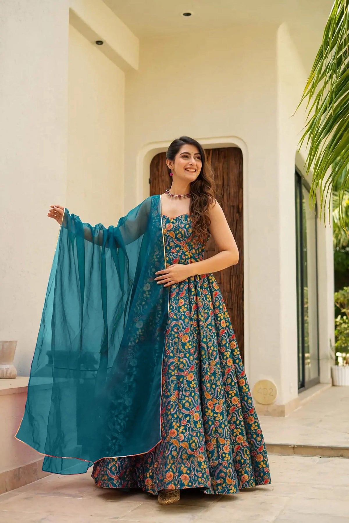 Sonakshi Women's Rama Silk Digital Print Full Round Flair Anarkali Gown Set With Dupatta | Grocsy
